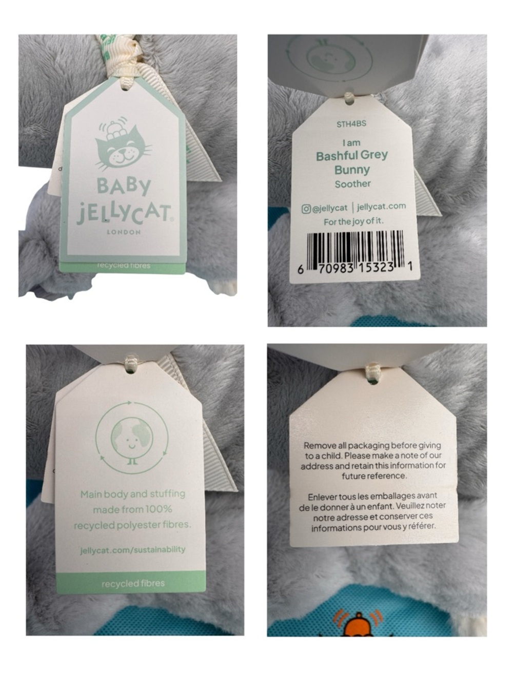 Jellycat Bashful Bunny Soother Lovey Blanket Plush Gray Baby w/ Tags & Bag - Picture 3 of 3